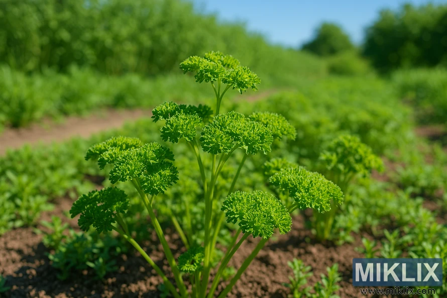 Curly-leaf parsley thriving in a sunlit herb garden with rich soil and lush greenery