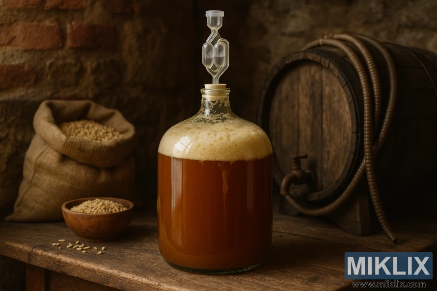 A glass carboy of Belgian ale actively fermenting with foam on top, surrounded by malt grains, a barrel, and rustic stone walls.