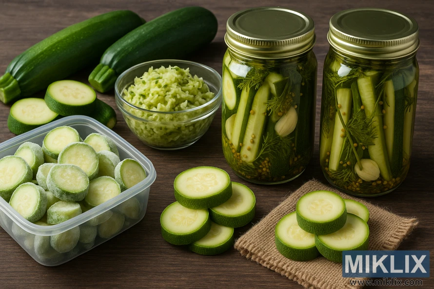 ਇੱਕ ਲੈਂਡਸਕੇਪ ਫੋਟੋ ਜਿਸ ਵਿੱਚ ਲੱਕੜ ਦੇ ਮੇਜ਼ 'ਤੇ ਜੰਮੇ ਹੋਏ ਉਲਚੀਨੀ ਦੇ ਟੁਕੜੇ, ਪੀਸੇ ਹੋਏ ਉਲਚੀਨੀ, ਅਤੇ ਅਚਾਰ ਵਾਲੇ ਉਲਚੀਨੀ ਦੇ ਜਾਰ ਦਿਖਾਏ ਗਏ ਹਨ। ਇੱਕ ਲੈਂਡਸਕੇਪ ਫੋਟੋ ਜਿਸ ਵਿੱਚ ਲੱਕੜ ਦੇ ਮੇਜ਼ 'ਤੇ ਜੰਮੇ ਹੋਏ ਉਲਚੀਨੀ ਦੇ ਟੁਕੜੇ, ਪੀਸੇ ਹੋਏ ਉਲਚੀਨੀ, ਅਤੇ ਅਚਾਰ ਵਾਲੇ ਉਲਚੀਨੀ ਦੇ ਜਾਰ ਦਿਖਾਏ ਗਏ ਹਨ।