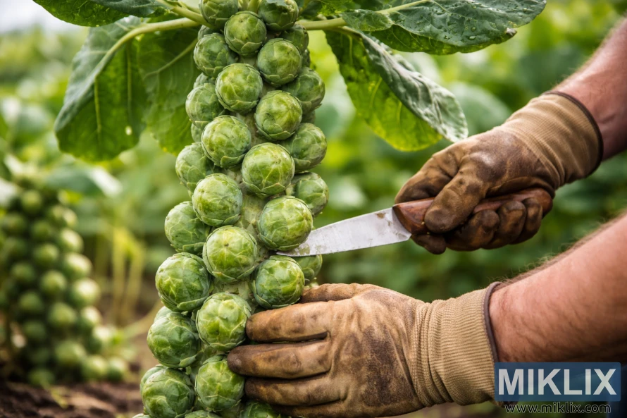 Gardener wearing brown gloves carefully cuts fresh green Brussels sprouts from a tall stalk in a sunlit garden.