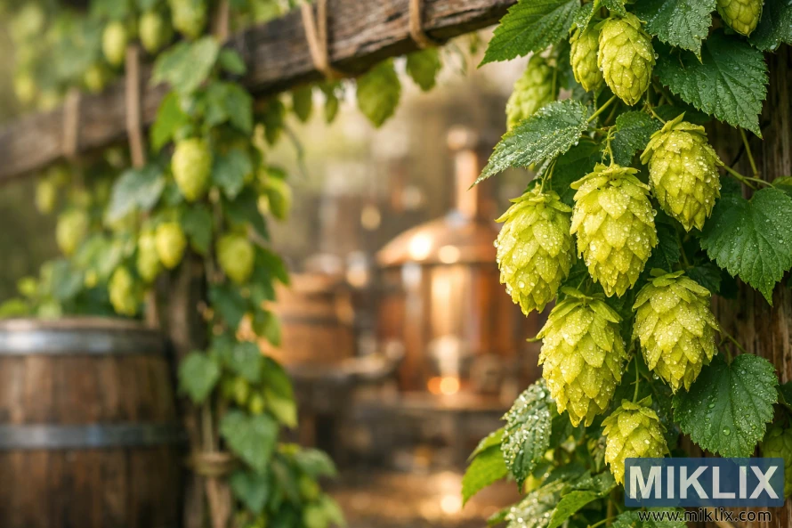 Dew-covered Eastern Gold hop cones hanging from green bines on a rustic trellis, with a softly blurred traditional brewery in the background.
