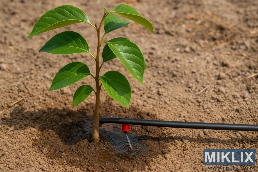 A young persimmon tree being watered at its base through a drip irrigation system in dry soil. A young persimmon tree being watered at its base through a drip irrigation system in dry soil.