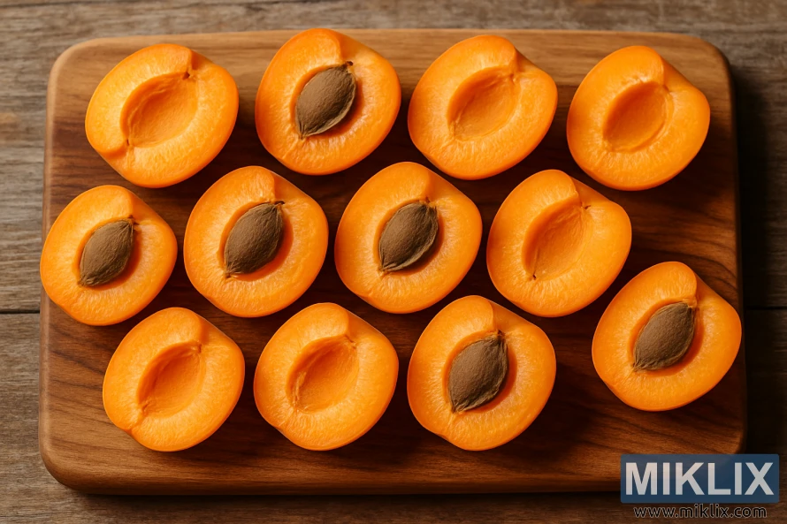 Gros plan sur des moitiés d'abricots frais soigneusement disposées sur une planche en bois, baignées d'une douce lumière naturelle.