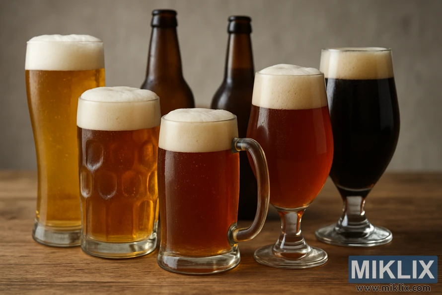 Razne čaše za pivo i boce na drvenom stolu sa penom i mehurićima.