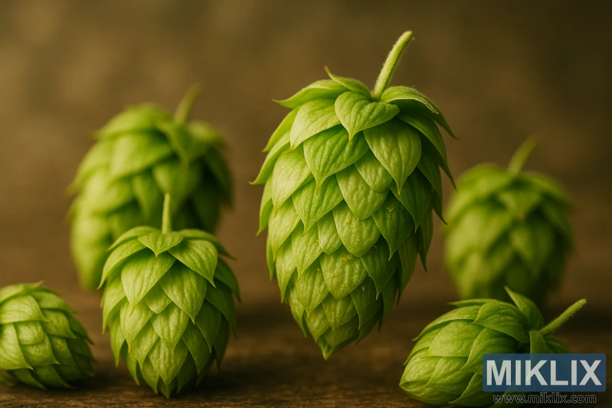 Nærbilde av ferske Eureka-humlekjegler med synlige lupulinkjertler under varmt naturlig lys mot en uskarp bakgrunn.