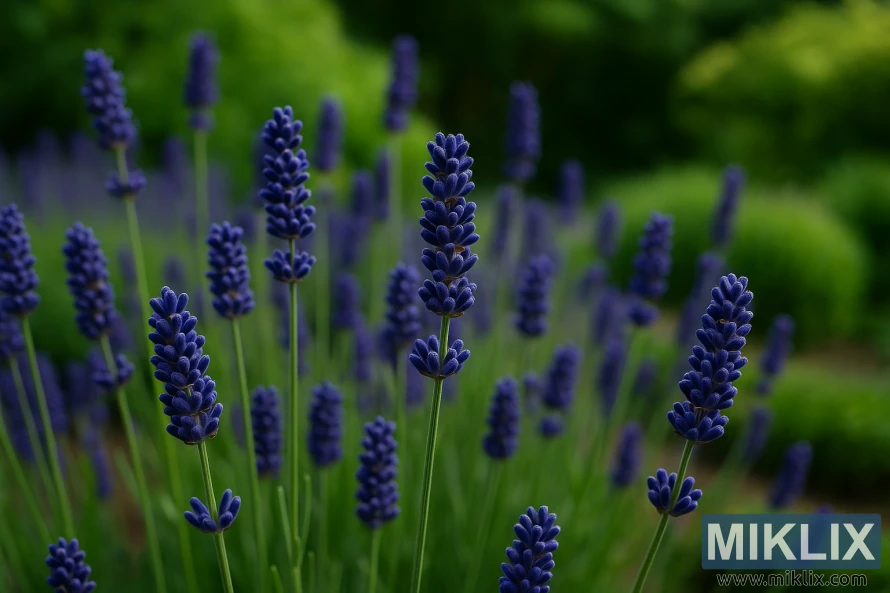 Detaljeret nærbillede af Hidcote-lavendel med dybvioletblå blomsteraks på slanke grønne stængler i et sommerhavebed. Detaljeret nærbillede af Hidcote-lavendel med dybvioletblå blomsteraks på slanke grønne stængler i et sommerhavebed.
