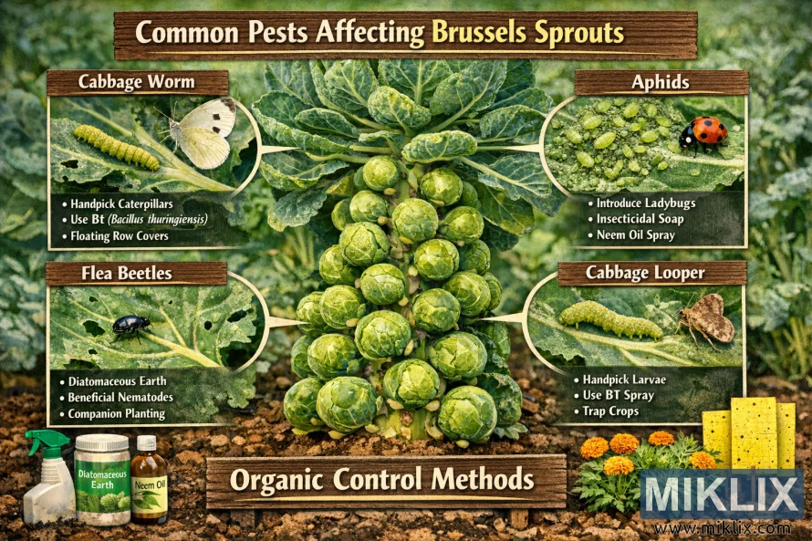 Infographic showing Brussels sprout pests such as cabbage worms, aphids, flea beetles, and cabbage loopers with organic control methods.