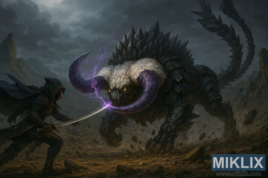 एनिमे-शैलीको फ्यान आर्टमा कालो चक्कुको कवचमा टार्निश्डले चट्टानी दक्षिण अल्टस प्लेटो क्रेटरको बीचमा विशाल फलिङस्टार जनावरसँग लडिरहेको देखाइएको छ।