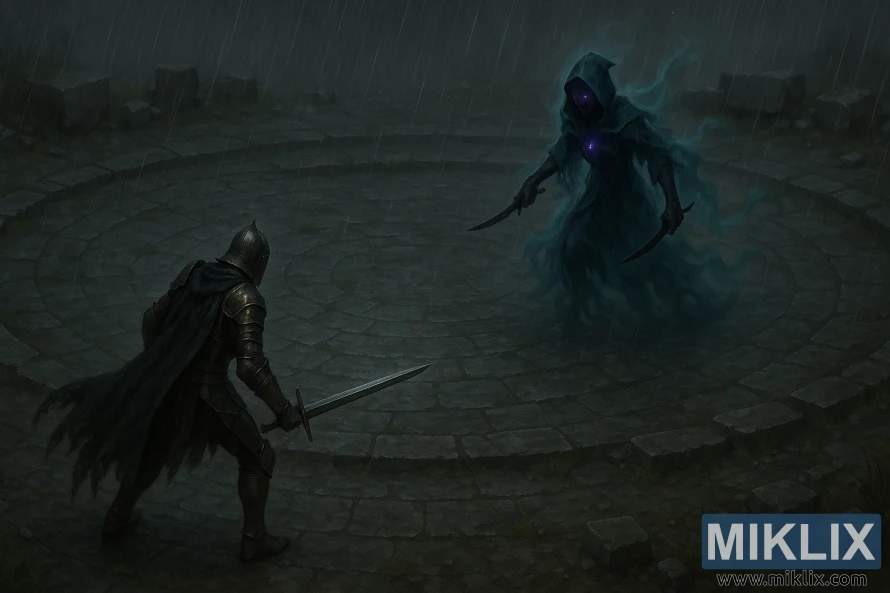 Пејзажно оријентисано, полуреалистично уметничко дело које приказује Потамњеле како витлају мач против Алекто, вође Црног Ножа, који држи два бодежа у кишом натопљеној кружној каменој арени.