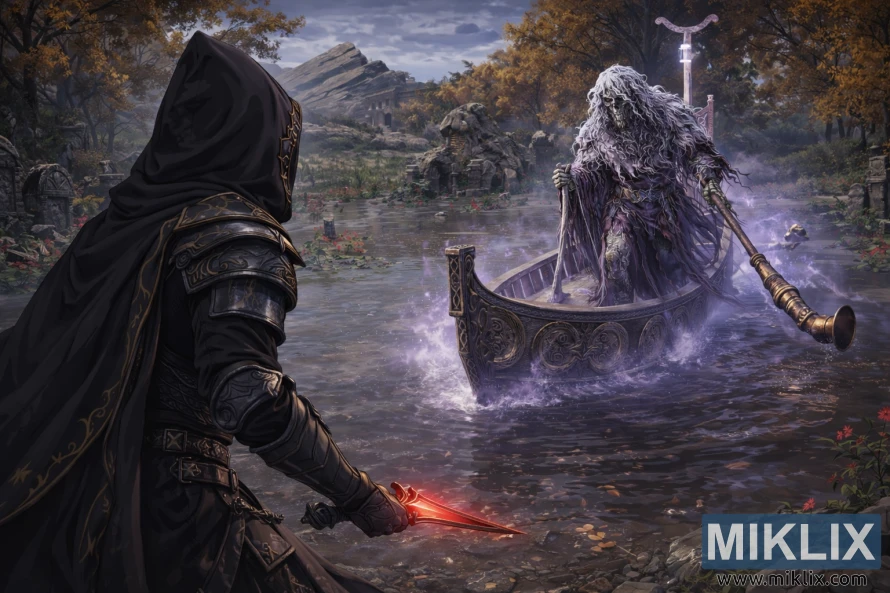 Anime fantasy scene of a black-armored hooded warrior seen from behind on the left facing a ghostly skeletal boatman in a misty ruined swamp village. Anime fantasy scene of a black-armored hooded warrior seen from behind on the left facing a ghostly skeletal boatman in a misty ruined swamp village.