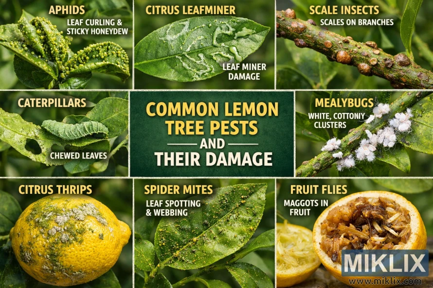 Hình ảnh minh họa mang tính giáo dục cho thấy các loại sâu bệnh thường gặp trên cây chanh như rệp, sâu đục lá, rệp vảy, sâu bướm, rệp sáp, bọ trĩ, nhện đỏ và ruồi đục quả, kèm theo hình ảnh cận cảnh về thiệt hại mà chúng gây ra cho lá, cành và quả.