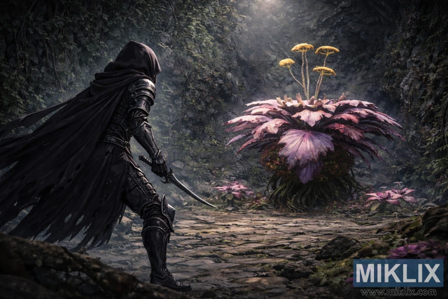 Wide anime-style scene of the Tarnished in Black Knife armor seen from behind on the left, facing the Miranda Blossom boss across the mossy expanse of Tombsward Cave just before combat.