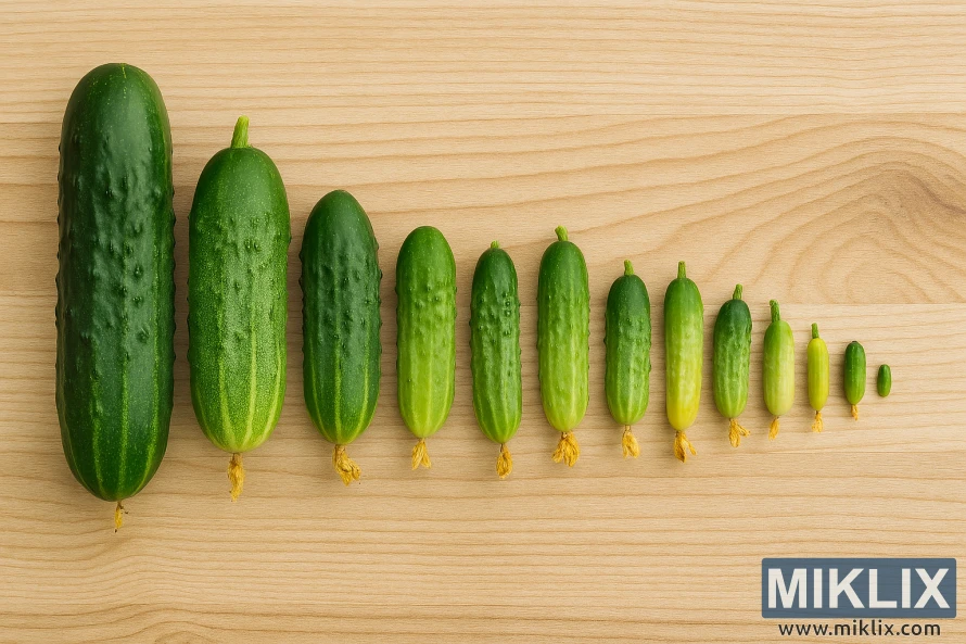 Cucumbers of various sizes arranged on wood to show optimal harvest stages