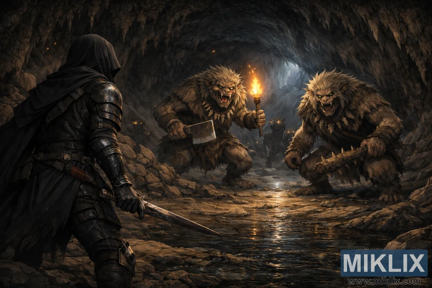 Реалистична темна фантастична сцена на оклопен потемнет човек гледан одзади како се соочува со двајца получовечки поглавари во крајбрежна пештера осветлена со факел пред битка.