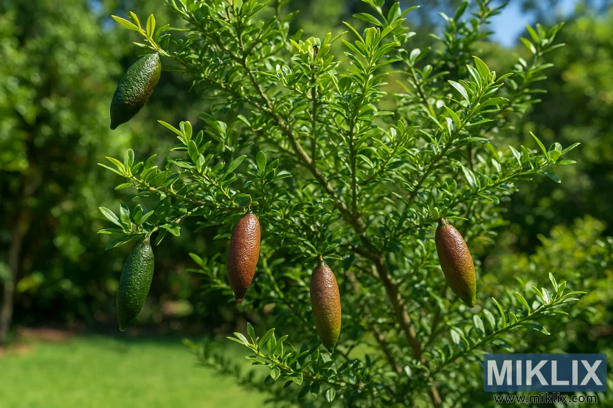 Australian finger lime tree with ripening fruit in a sunny garden