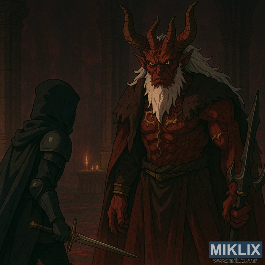 Anime-achtige scène waarin Mohg, Heer van het Bloed, imposant staat tegenover een Black Knife-huurmoordenaar in de bloedrode gangen van het Mohgwyn Paleis. Anime-achtige scène waarin Mohg, Heer van het Bloed, imposant staat tegenover een Black Knife-huurmoordenaar in de bloedrode gangen van het Mohgwyn Paleis.