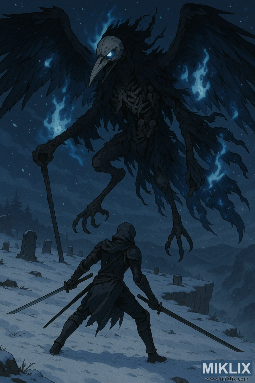 Umfanekiso wesitayela se-anime weqhawe elihlomile eliMmese Omnyama elinama-katana amabili abheke umbhoshongo, i-Death Rite Bird egqoke i-ghostflame emathuneni asemaweni aneqhwa ebusuku.