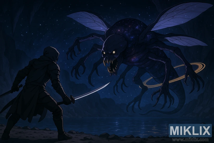 Anime-style scene of a Black Knife warrior facing Astel, Stars of Darkness, floating horizontally with mandibles and planetary tail rings in an underground cavern. Anime-style scene of a Black Knife warrior facing Astel, Stars of Darkness, floating horizontally with mandibles and planetary tail rings in an underground cavern.