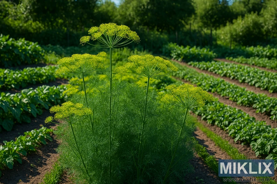 Bouquet dill plants with feathery leaves and yellow umbels growing in a sunny vegetable garden Bouquet dill plants with feathery leaves and yellow umbels growing in a sunny vegetable garden