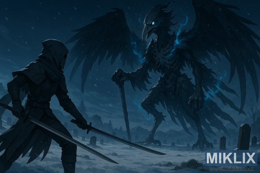 Isigcawu sesitayela se-anime se-landscape seqhawe elihlomile le-Black Knife elibhekene ne-Death Rite Bird ephakeme enamaphiko e-ghostflame emathuneni aneqhwa.