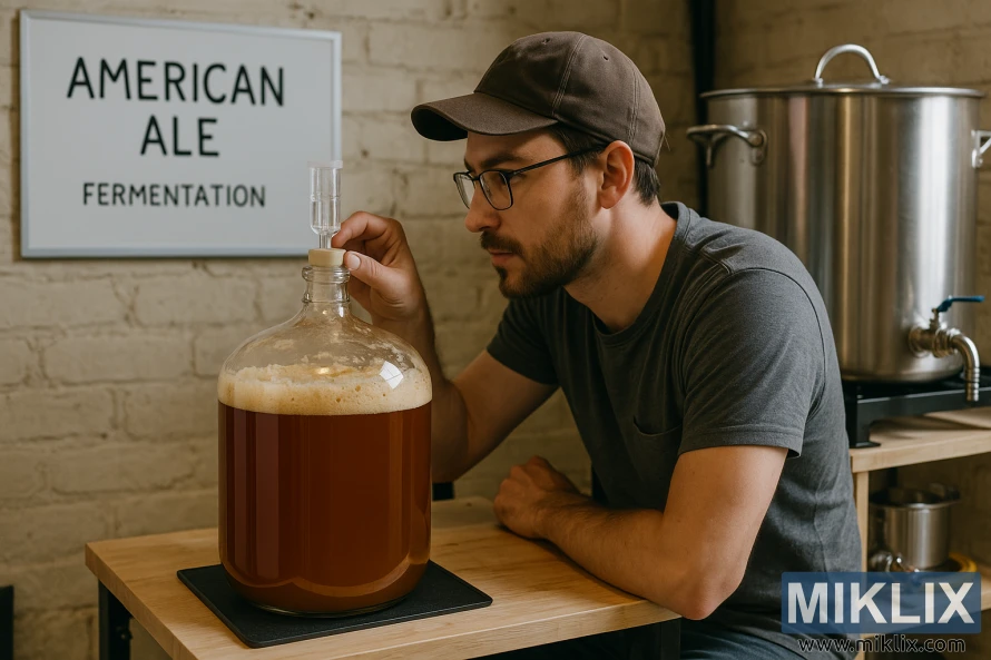 ہومبریونگ سیٹ اپ میں امریکی ایل کے خمیر کرنے والے کاربوئے پر ہومی بریور ایئر لاک کا معائنہ کر رہا ہے۔ ہومبریونگ سیٹ اپ میں امریکی ایل کے خمیر کرنے والے کاربوئے پر ہومی بریور ایئر لاک کا معائنہ کر رہا ہے۔