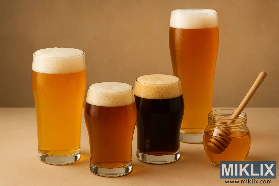 Utvalg av honninginfundert øl i forskjellige stiler på en stilig, varmt opplyst skjerm. Utvalg av honninginfundert øl i forskjellige stiler på en stilig, varmt opplyst skjerm.