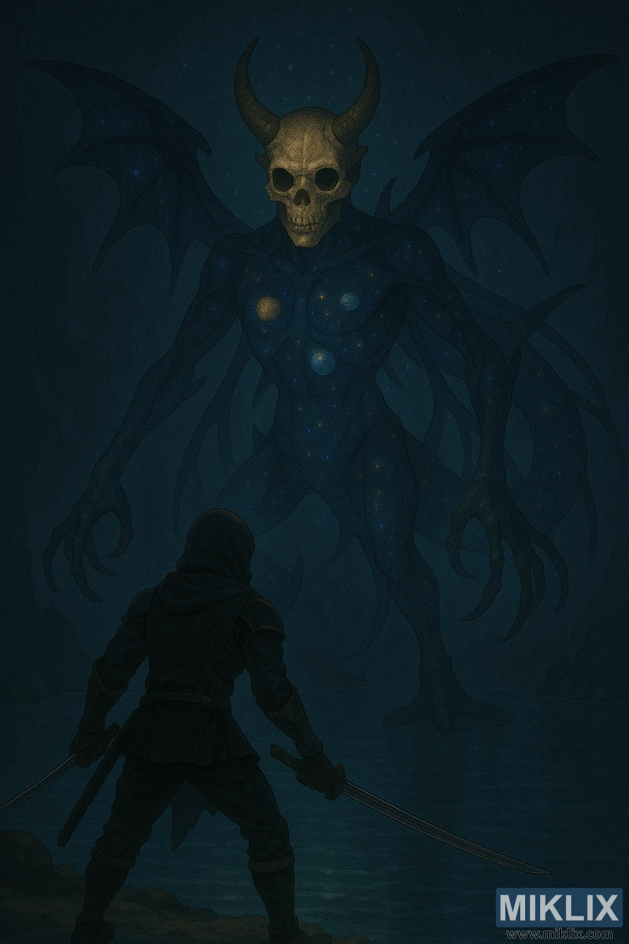 A warrior with dual katanas faces a towering cosmic creature with a horned human skull in an underground cavern. A warrior with dual katanas faces a towering cosmic creature with a horned human skull in an underground cavern.