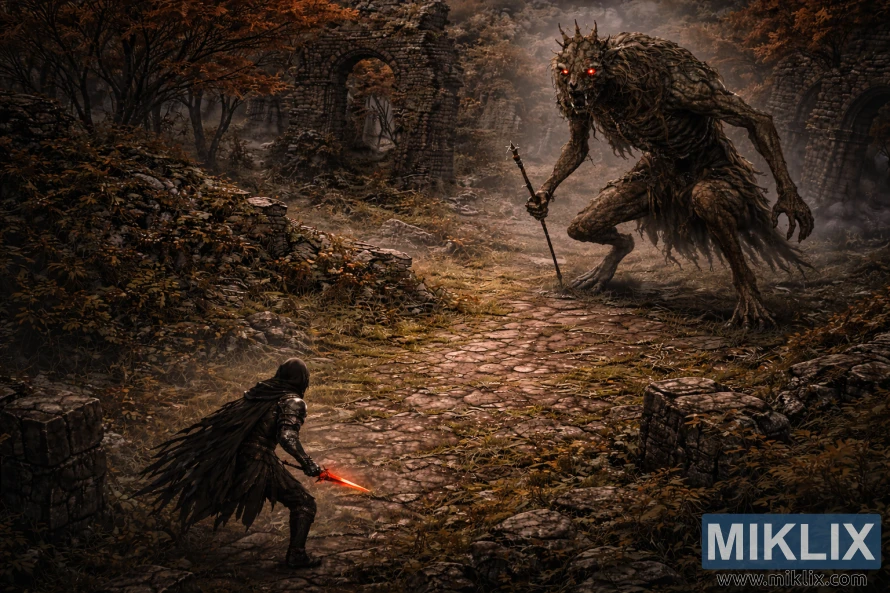 Semi-realistic landscape fantasy scene of a dark armored warrior confronting a towering Demi-Human Queen in wide forest ruins before battle.
