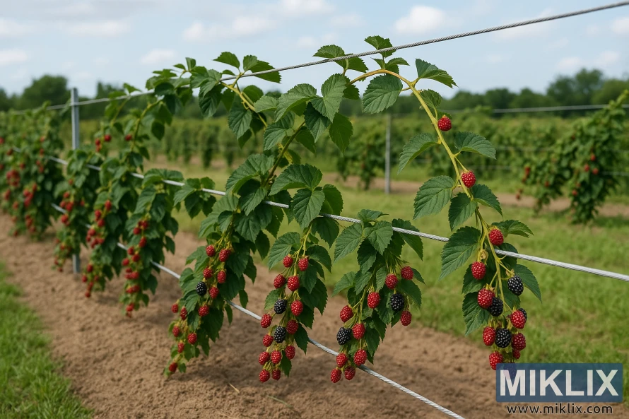 Ant dviejų vielų grotelių sistemos prinokusių gervuogių eilė žaliame lauke po mėlynu dangumi. Ant dviejų vielų grotelių sistemos prinokusių gervuogių eilė žaliame lauke po mėlynu dangumi.