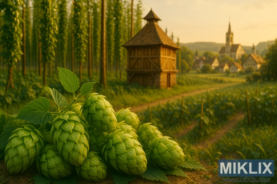 Humleåker i Hallertau med gyllent sollys, frisk grønn humle, en treovn og en sjarmerende tysk landsby i bakgrunnen.