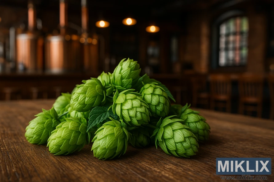 Kup svežih zelenih storžev hmelja Kitamidori počiva na rustikalni leseni mizi v topli, slabo osvetljeni pivnici.