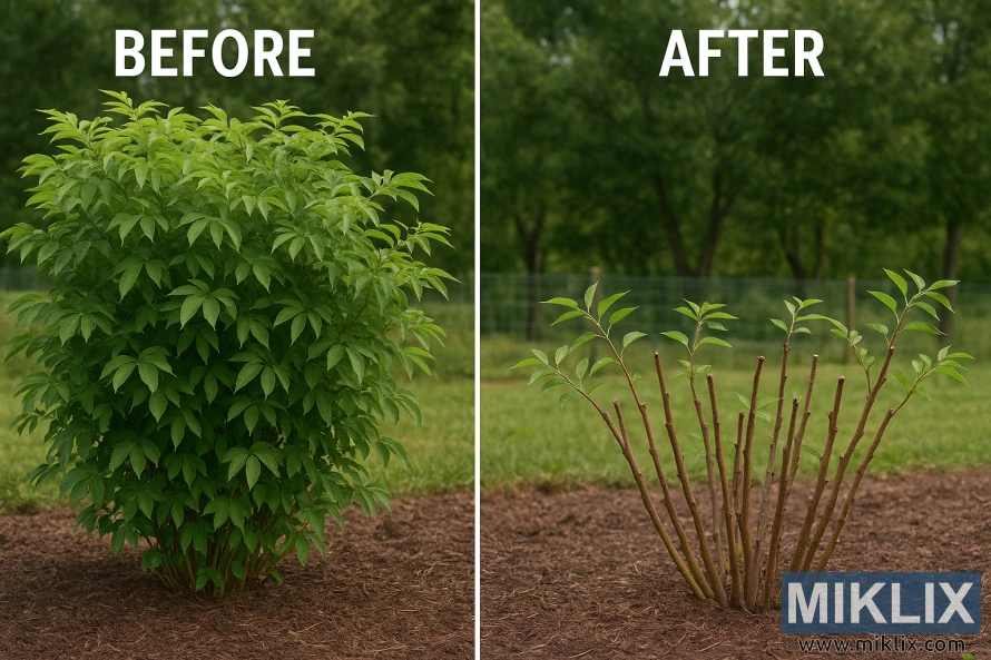 Наглядное сравнение кустов бузины до и после обрезки: слева — густой и разросшийся, справа — аккуратно подстриженный, с расположенными друг от друга стеблями. Наглядное сравнение кустов бузины до и после обрезки: слева — густой и разросшийся, справа — аккуратно подстриженный, с расположенными друг от друга стеблями.