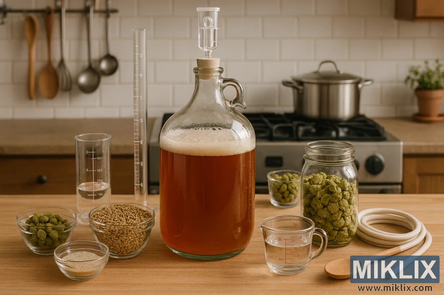 Kitchen countertop with beer fermentation equipment and ingredients including carboy, hops, and barley