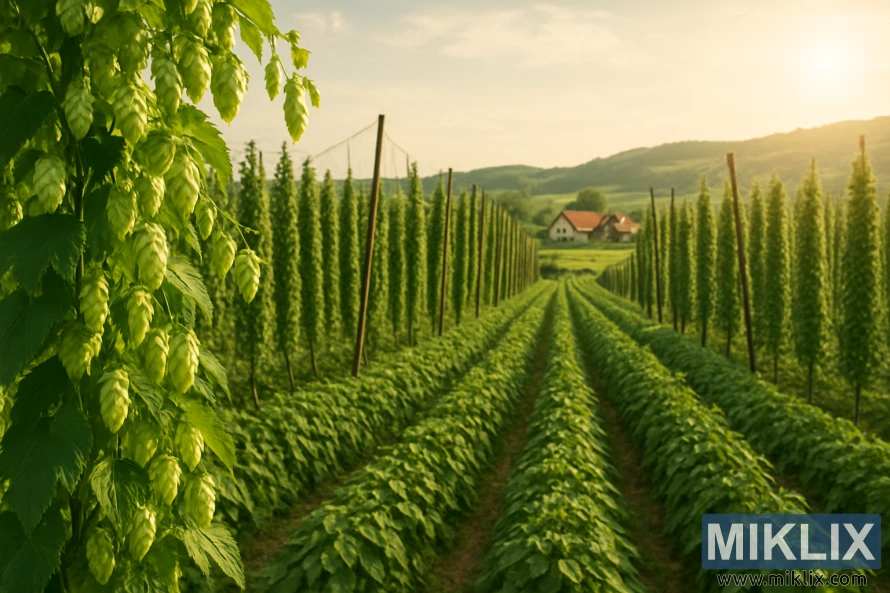 Góc nhìn rộng của một cánh đồng hoa bia vào giờ vàng với những cây dây leo xanh tươi, hàng cây có giàn che và một trang trại ở phía xa. Góc nhìn rộng của một cánh đồng hoa bia vào giờ vàng với những cây dây leo xanh tươi, hàng cây có giàn che và một trang trại ở phía xa.