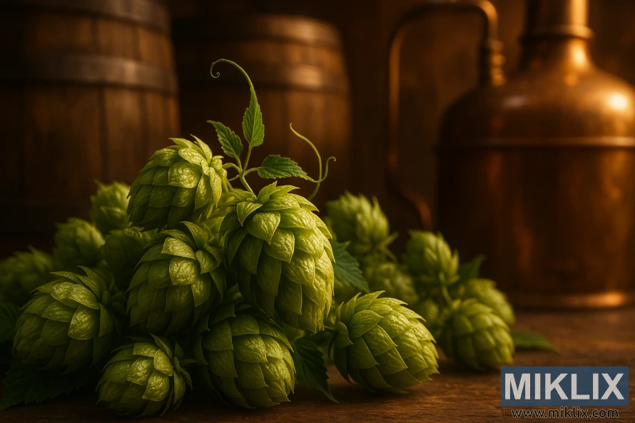 Naby-opname van Yakima Cluster-hopbolle met rustieke vate en broutoerusting.