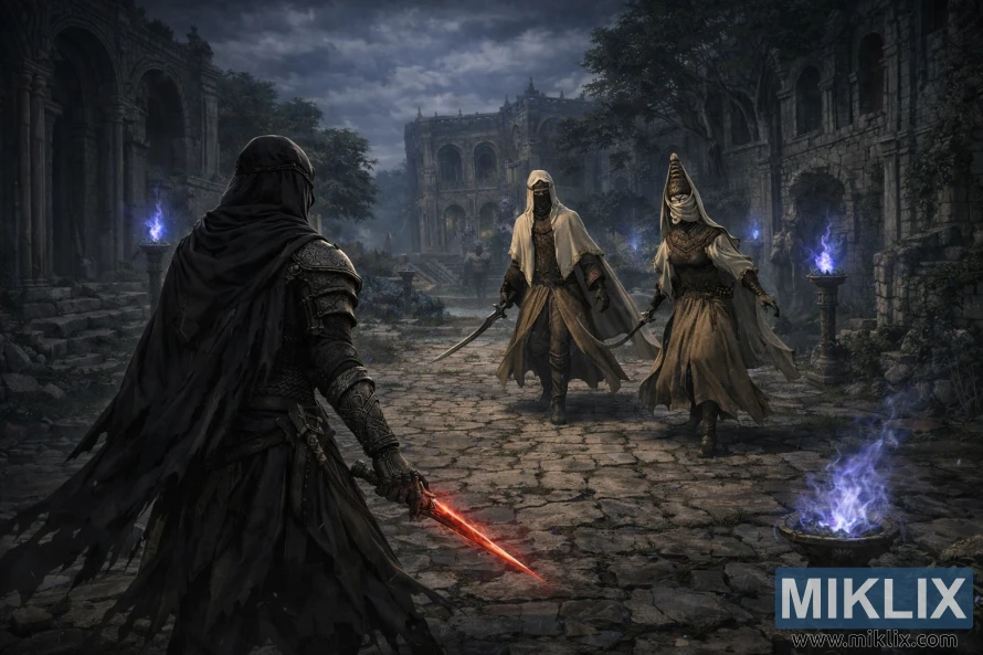 Dark fantasy illustration of the Tarnished with a glowing red dagger facing the Nox Swordstress and Nox Monk in the ruined streets of Sellia Town of Sorcery under a stormy sky. Dark fantasy illustration of the Tarnished with a glowing red dagger facing the Nox Swordstress and Nox Monk in the ruined streets of Sellia Town of Sorcery under a stormy sky.