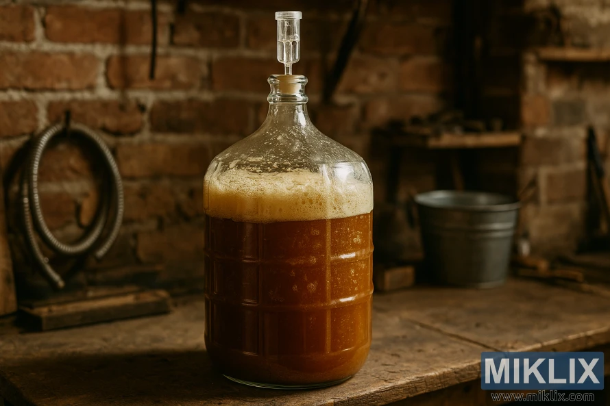 A glass carboy filled with actively fermenting amber beer sits on a wooden workbench in a rustic homebrewing space, surrounded by brewing tools and warm, natural light. A glass carboy filled with actively fermenting amber beer sits on a wooden workbench in a rustic homebrewing space, surrounded by brewing tools and warm, natural light.