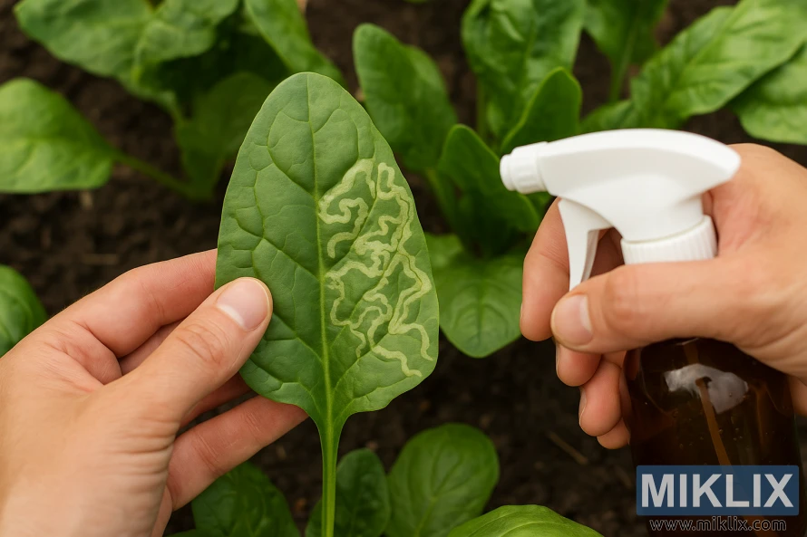 Крупный план человека, держащего лист шпината, поврежденный минирующими жуками, во время распыления органического раствора в саду. Крупный план человека, держащего лист шпината, поврежденный минирующими жуками, во время распыления органического раствора в саду.