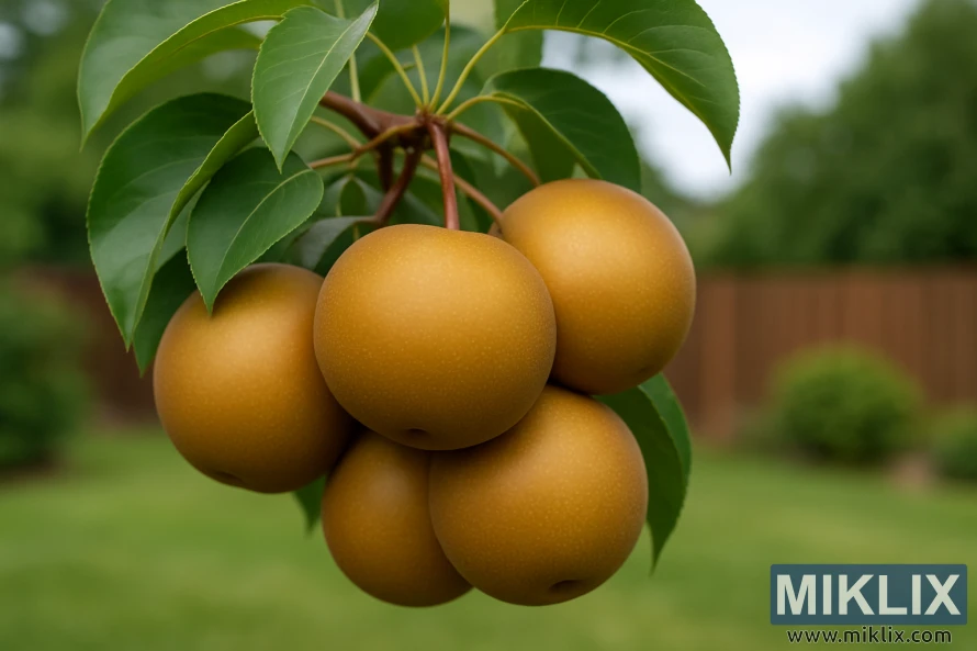 Close-up of large Korean Giant Asian pears with golden-brown skins hanging in a cluster among green leaves. Close-up of large Korean Giant Asian pears with golden-brown skins hanging in a cluster among green leaves.