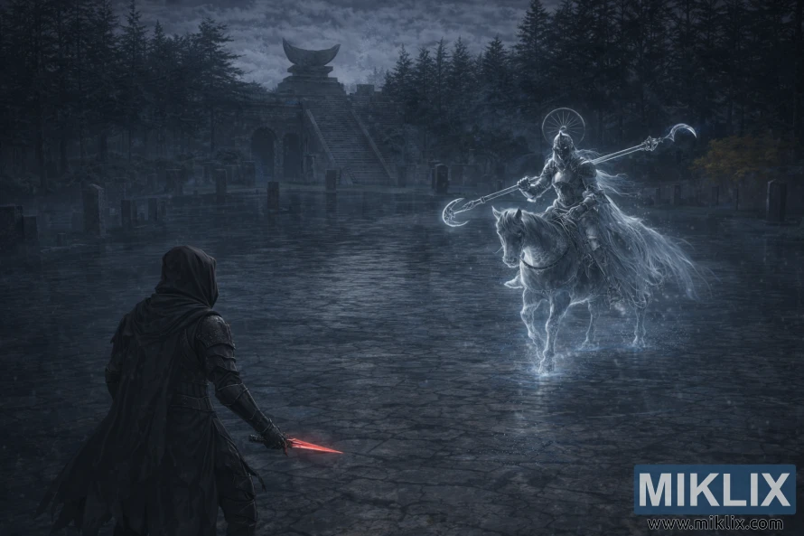 Fan art of Black Knife armor-clad player confronting spectral Royal Knight Loretta in Caria Manor Fan art of Black Knife armor-clad player confronting spectral Royal Knight Loretta in Caria Manor