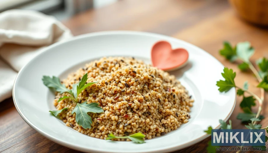Lautanen keitettyä kvinoaa lehtivihreiden ja sydänsymbolin kera pehmeässä luonnonvalossa. Lautanen keitettyä kvinoaa lehtivihreiden ja sydänsymbolin kera pehmeässä luonnonvalossa.