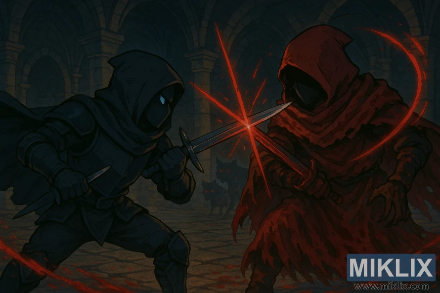 Anime-style fan art of the Tarnished and hooded Priest of Blood clashing blades in the Leyndell Catacombs.