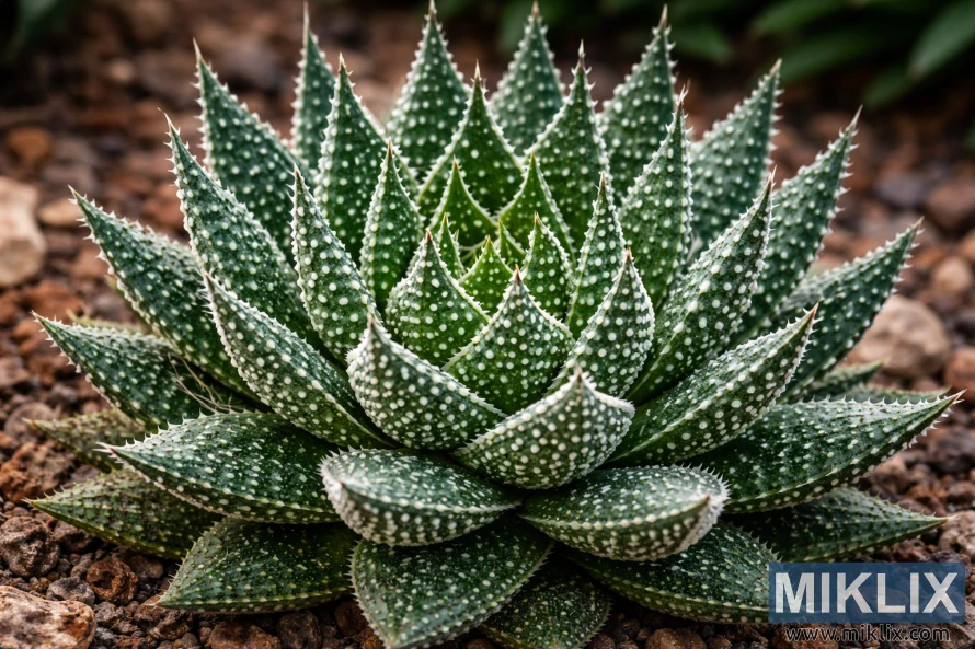 High-resolution photograph of a Lace Aloe (Aloe aristata) showing a symmetrical green rosette with white-spotted leaves growing in rocky soil. High-resolution photograph of a Lace Aloe (Aloe aristata) showing a symmetrical green rosette with white-spotted leaves growing in rocky soil.