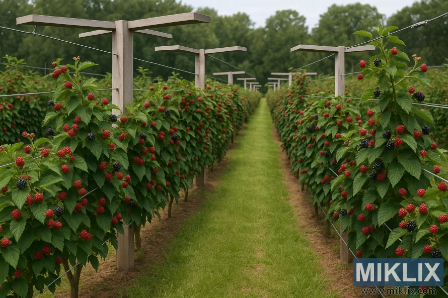 Pusiau stačių gervuogių eilės, paremtos dviguba T formos grotelių sistema, su nokstančiomis uogomis žaliame sode. Pusiau stačių gervuogių eilės, paremtos dviguba T formos grotelių sistema, su nokstančiomis uogomis žaliame sode.