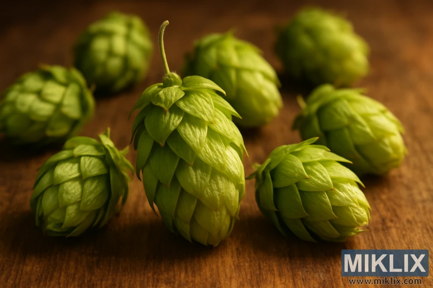 Primer pla de cons de llúpol verds i grassonets sobre una superfície de fusta, càlidament il·luminats per ressaltar les seves textures vibrants i la frescor de la cervesa.
