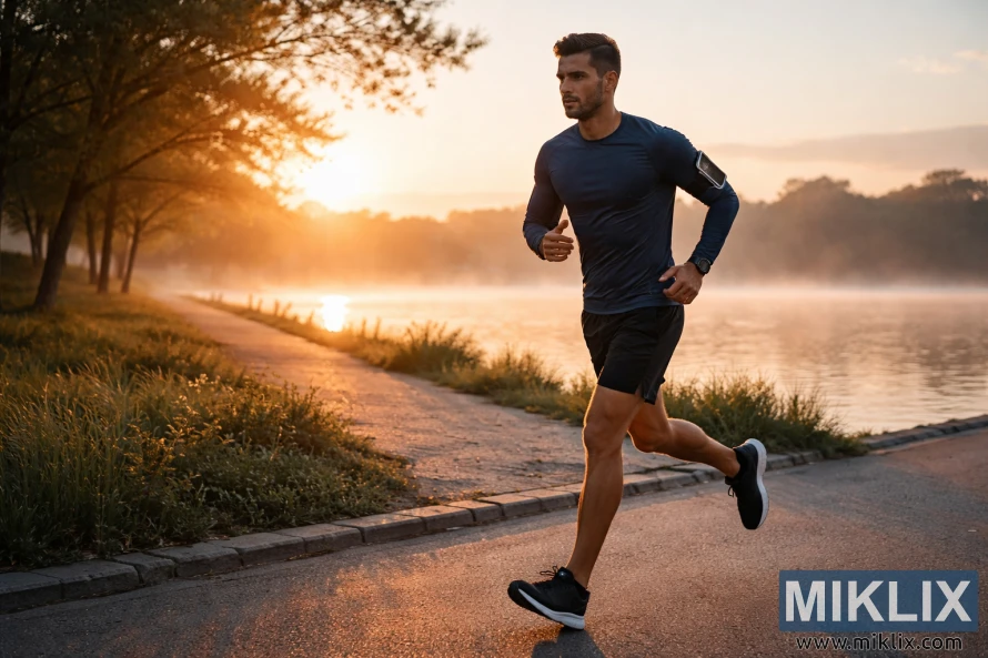 Palari atletik keur jogging di jalur sisi situ nalika medalna panonpoé dibarengan ku cahaya emas anu haneut jeung halimun di luhureun cai.
