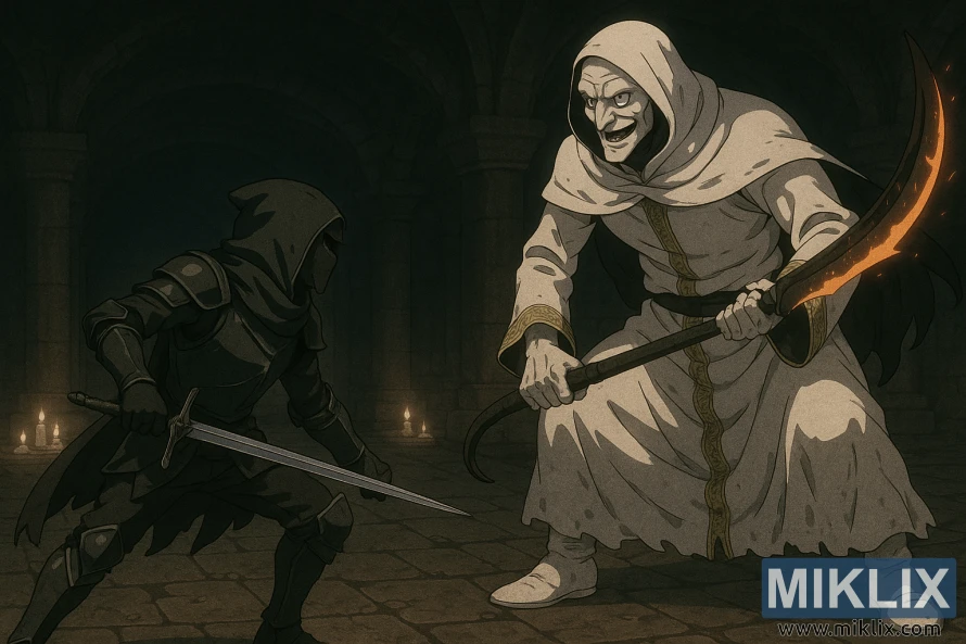 Anime-style scene of the Tarnished in Black Knife armor facing the tall, lanky Godskin Apostle in an underground stone chamber.