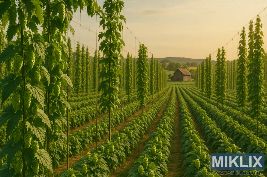 Verdant hop bines sa mga trellise sa isang ginintuang liwanag na field na may kamalig at mga gumugulong na burol sa kalayuan. Verdant hop bines sa mga trellise sa isang ginintuang liwanag na field na may kamalig at mga gumugulong na burol sa kalayuan.