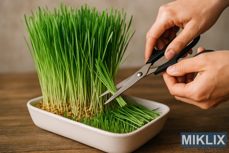 Close-up of hands cutting fresh wheatgrass with scissors in a ceramic tray Close-up of hands cutting fresh wheatgrass with scissors in a ceramic tray