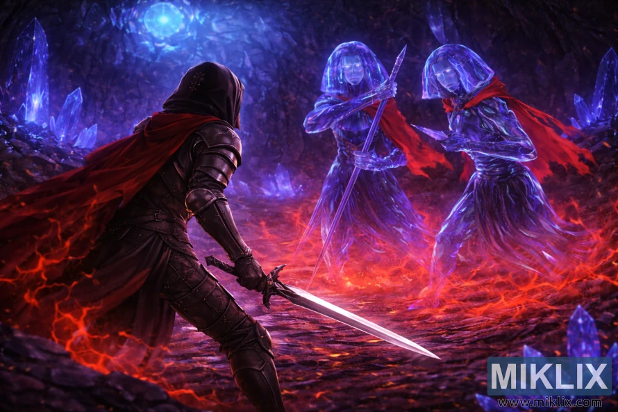 Illustration de style anime montrant l'armure Tarnished in Black Knife maniant une épée tandis que deux boss Crystaliens avancent de près à l'intérieur de la grotte de cristal de l'Académie d'Elden Ring.